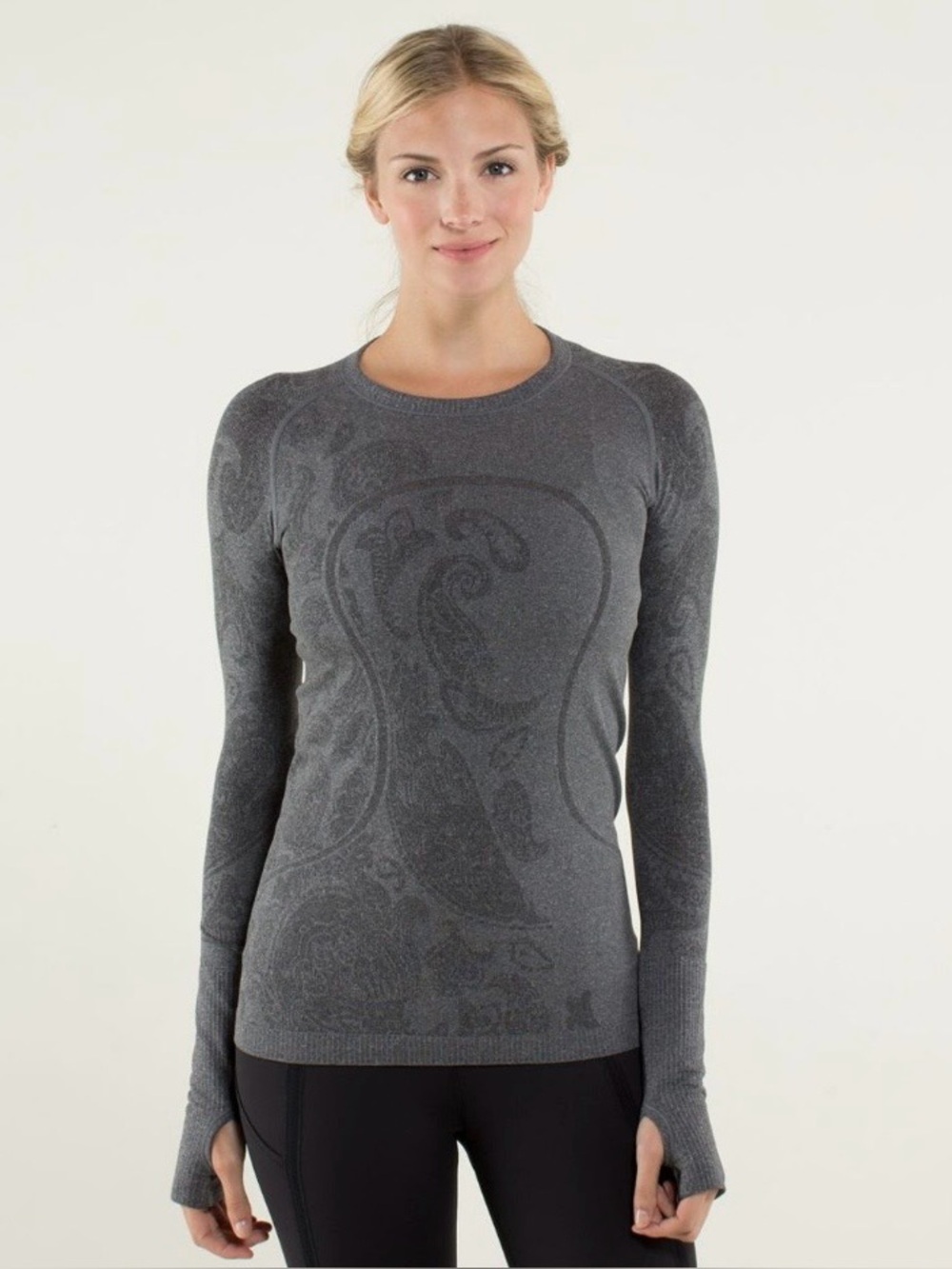 Lululemon Run Swiftly Tech Long Sleeve Paisley Top Heathered Black Shirt Sz 10